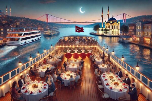 Scenic Bosphorus dinner cruise featuring live entertainment, elegant dining tables, and views of Istanbul landmarks, including the Ortaköy Mosque and bridge.